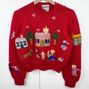 Vintage 100% Wool Village Scene Sacha Hand Knit Uruguay Sweater Red Medium